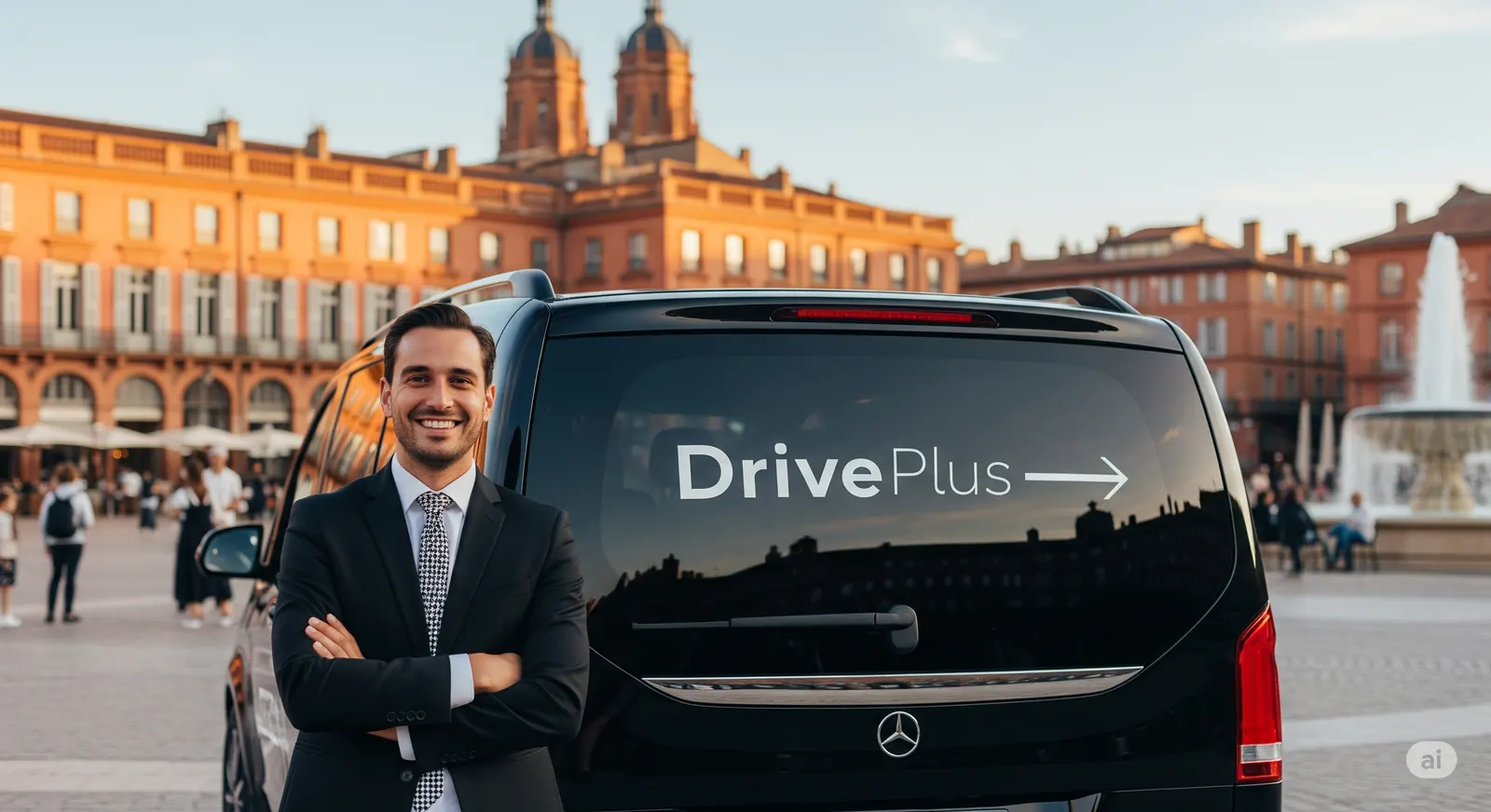 Van Mercedes noir DrivePlus et son chauffeur sur une place de Toulouse