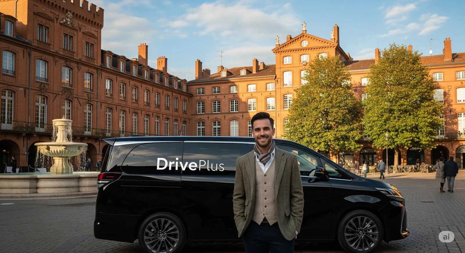 Chauffeur DrivePlus devant un monospace noir avant un départ vers la montagne