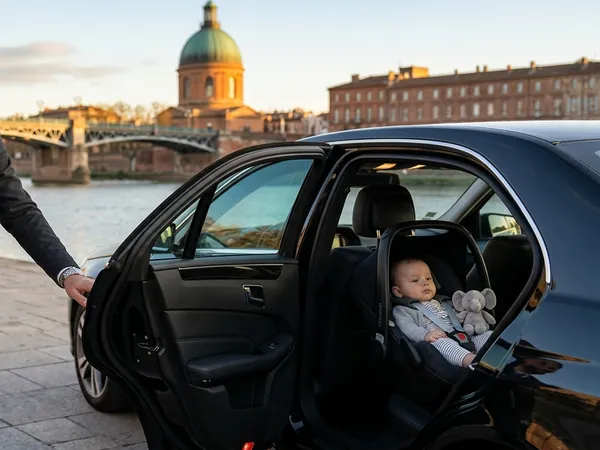 Bébé attaché dans une coque dos à la route dans une berline DrivePlus